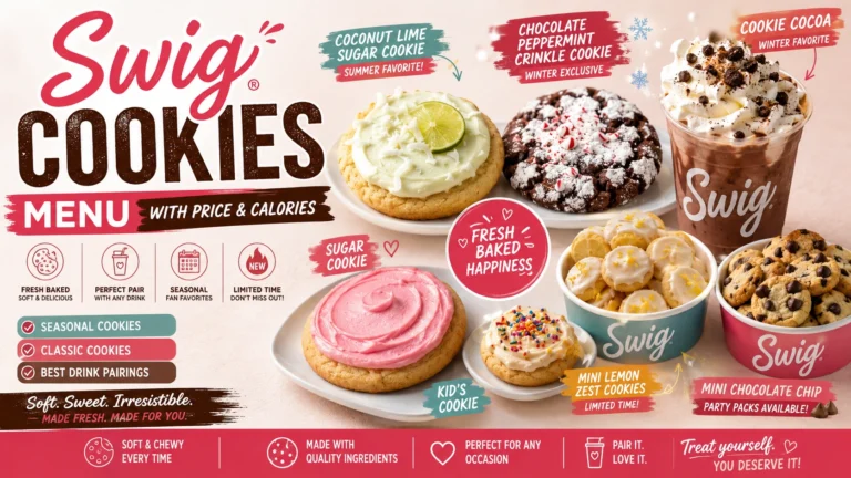 Swig Cookies menu design displaying a vibrant selection of cookies with detailed flavor descriptions and pricing information.