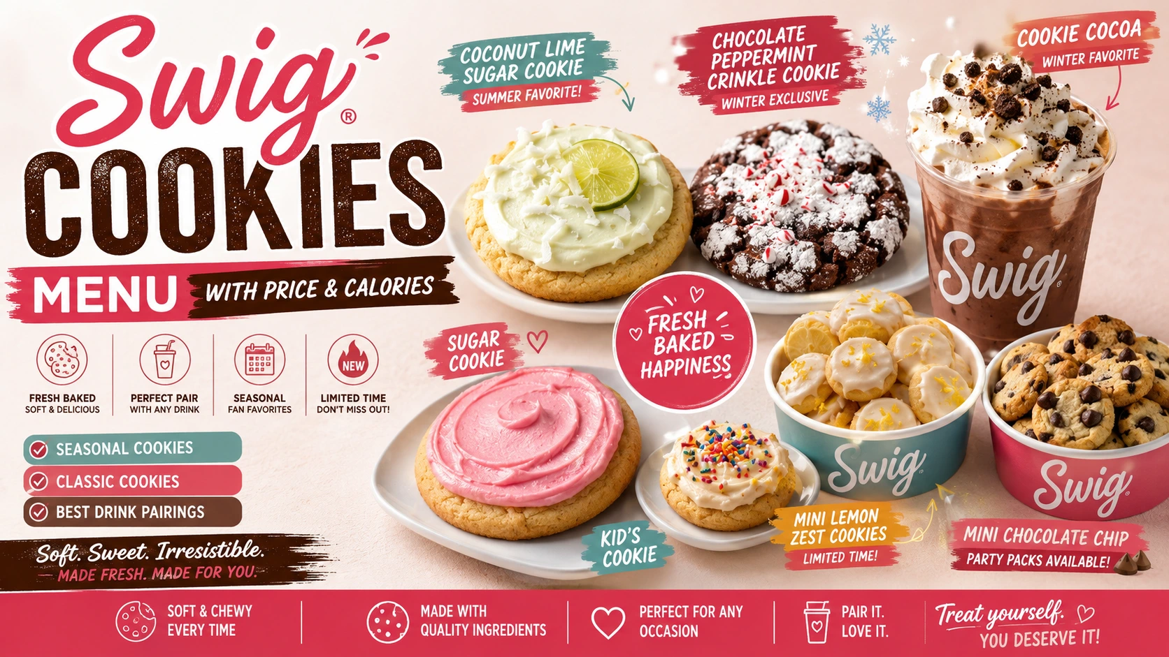 Swig Cookies menu design displaying a vibrant selection of cookies with detailed flavor descriptions and pricing information.