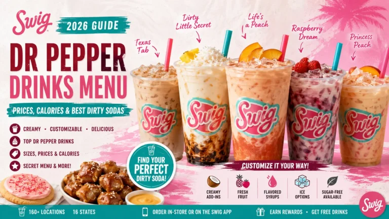 Swig Dr Pepper drinks menu highlighting a variety of unique beverage options and their enticing descriptions.