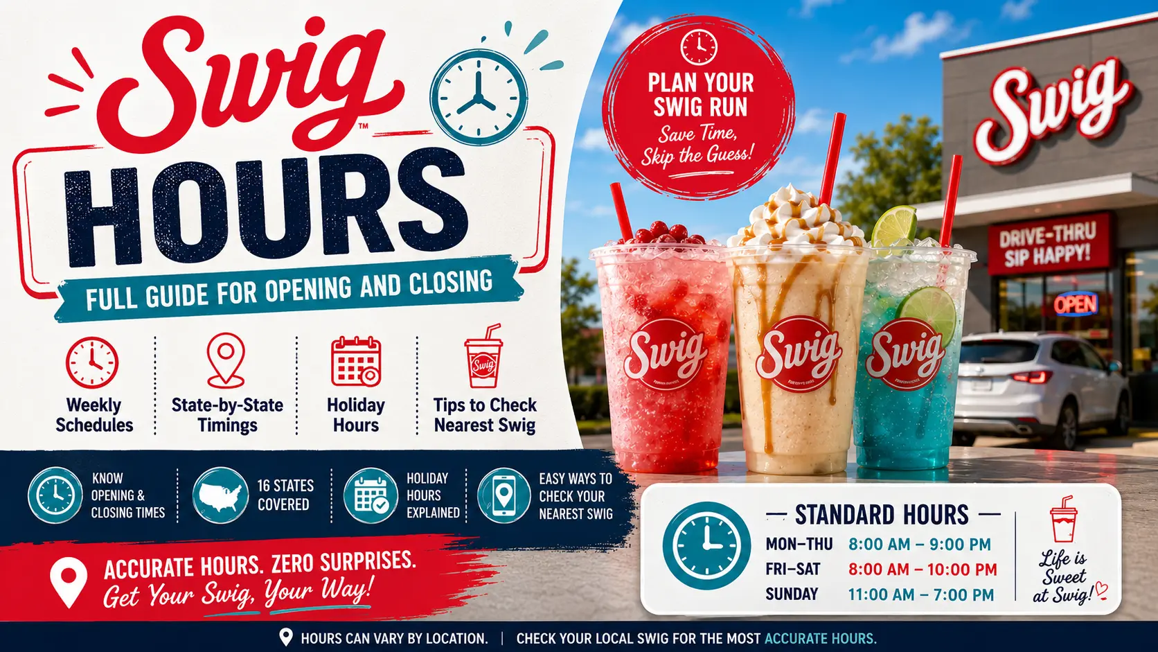 Swig hours flyer template showcasing operational times with vibrant graphics and clear typography for effective communication.
