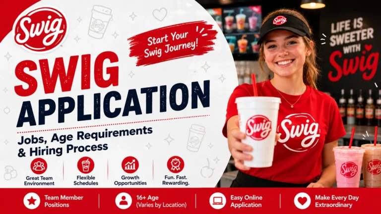 Swig application page featuring age eligibility and a summary of the hiring process for job seekers.