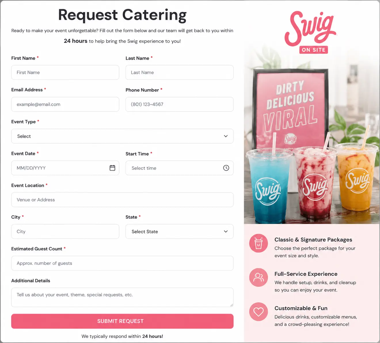 A detailed swig catering request form featuring sections for event date, guest count, and menu preferences.