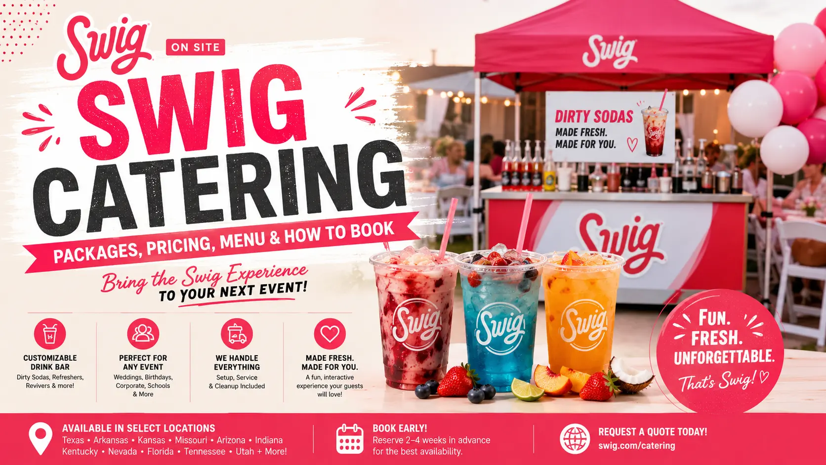 Swig catering menu design highlighting diverse meal options, presented in a clean and visually engaging format.