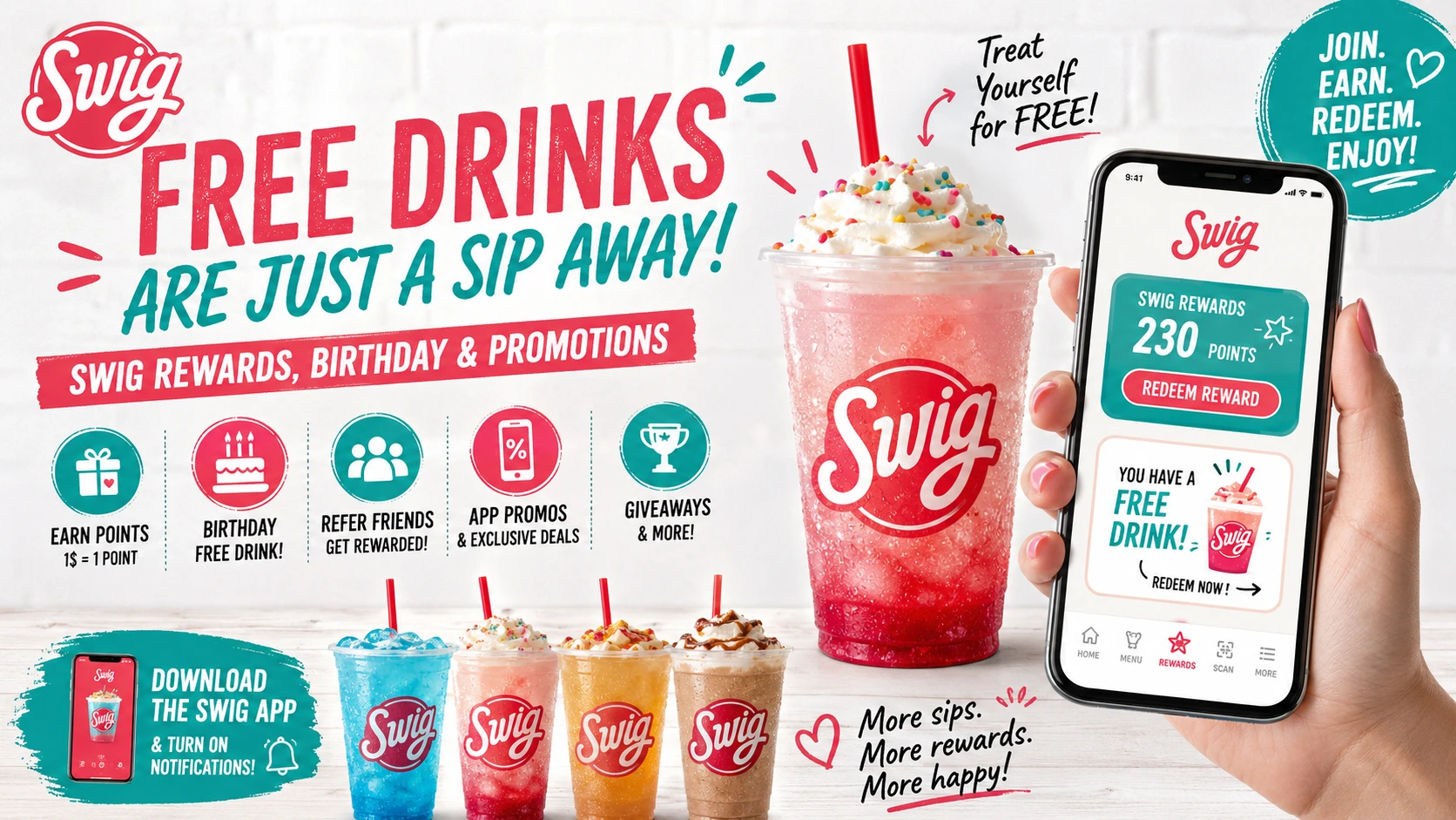 A vibrant graphic advertising "Swig Free Drink" for Singles Day, inviting customers to sip and celebrate with free drinks.