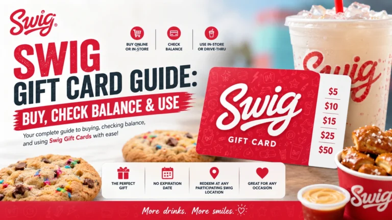 Swig gift card guide with gift card images, a cookie, drink, and branding details. Includes instructions for buying, checking balance, and using the gift card in-store or drive-thru.