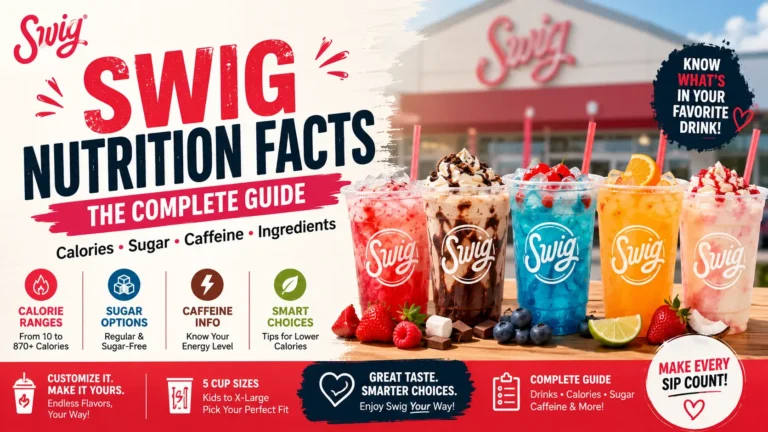 Swig Nutrition Facts" guide, featuring colorful drinks with strawberries and limes, highlighting calories, sugar, and caffeine info.