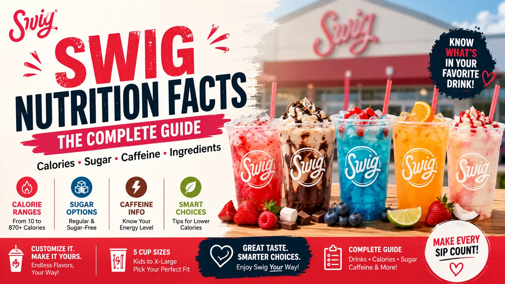 Swig Nutrition Facts" guide, featuring colorful drinks with strawberries and limes, highlighting calories, sugar, and caffeine info.