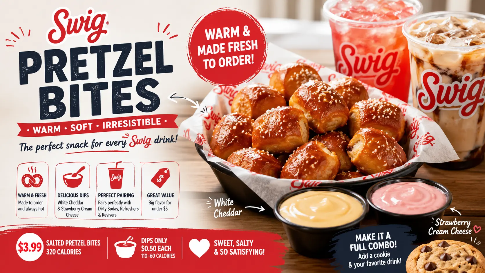 Flyer showcasing the swig pretzel bites menu with images, descriptions, and prices of various pretzel bite options.