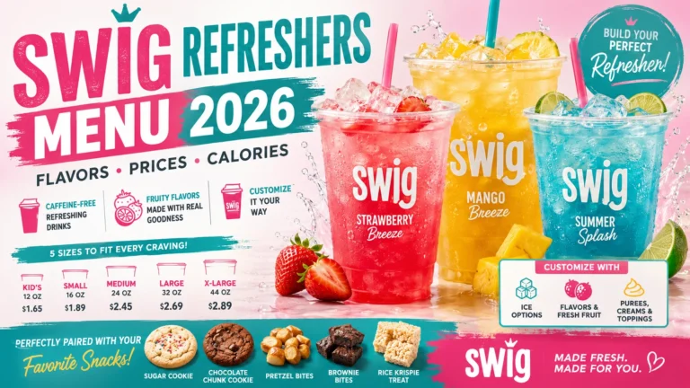 The Swig Refreshers menu features various drink options and flavors available for customers.