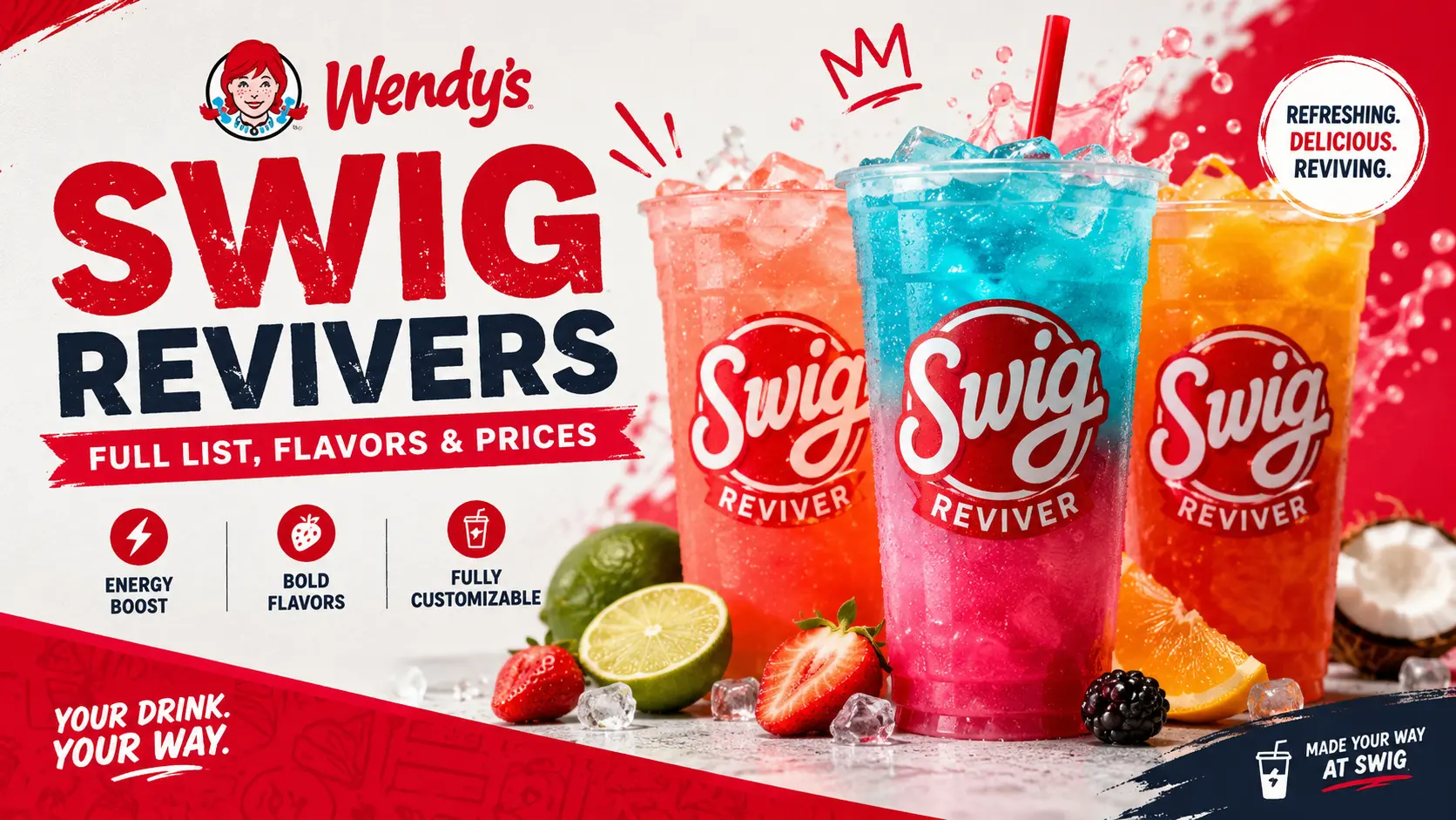 A collection of Swig Revivers, showcasing various flavors and packaging designs for refreshing beverages.