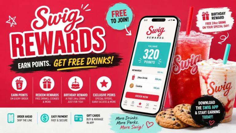 Swig Rewards app showing a dashboard with points balance and promotional offers for users.
