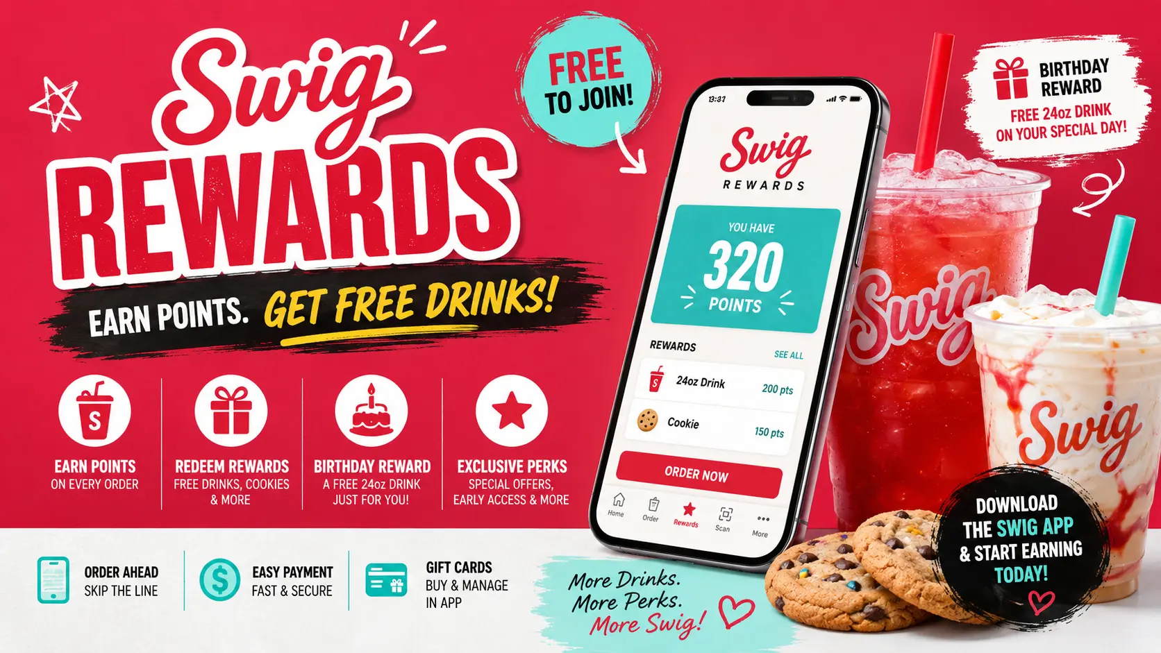 Swig Rewards app showing a dashboard with points balance and promotional offers for users.