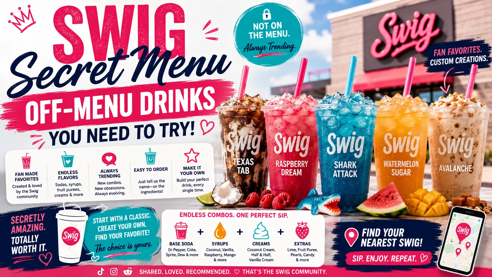 Swig Secret Menu poster featuring colorful off-menu drinks: Raspberry Dream, Shark Attack, Watermelon Sugar, and Avalanche.
