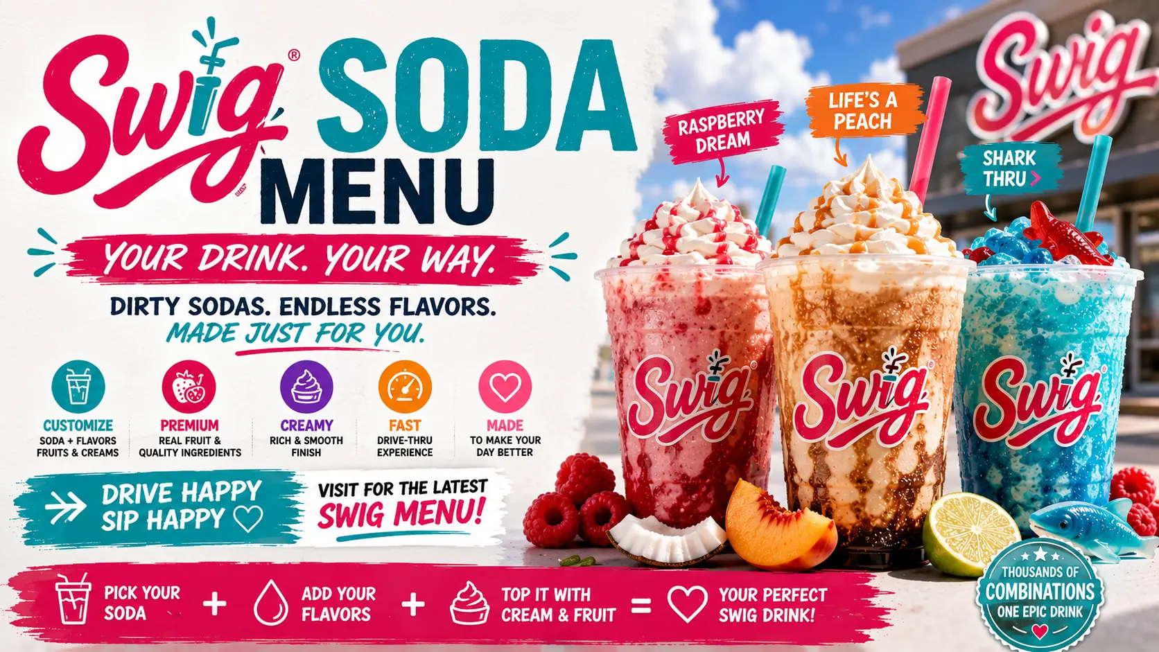 Swig soda menu design featuring colorful drink options and vibrant graphics showcasing flavors and sizes available.
