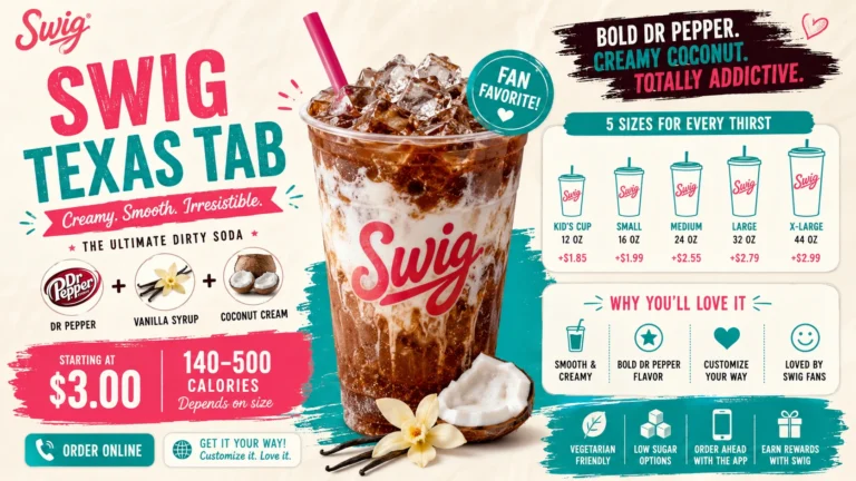 A Swig Texas tab displayed prominently, showcasing its distinctive design and branding, associated with refreshing drinks.