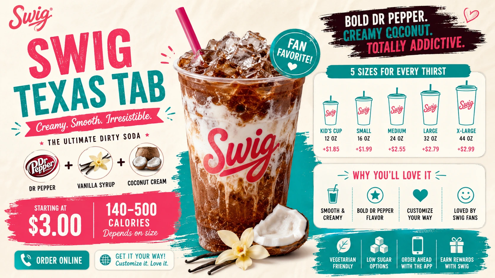 A Swig Texas tab displayed prominently, showcasing its distinctive design and branding, associated with refreshing drinks.