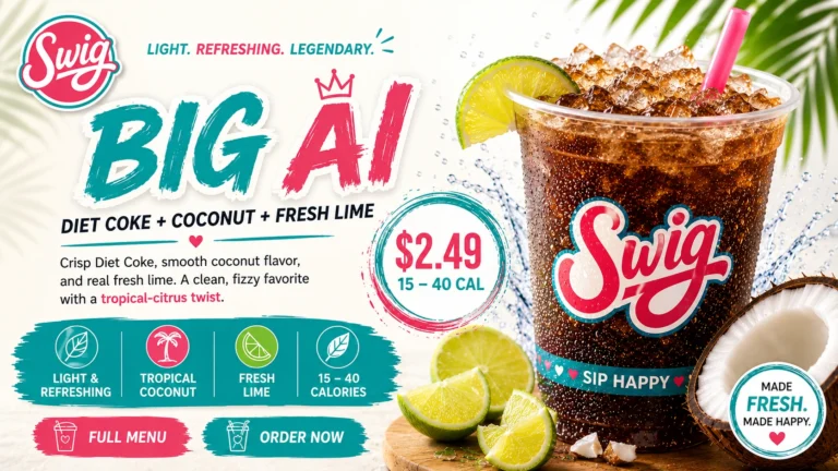 A Swig Big AI drink garnished with fresh coconut and lime slices, served in a clear glass.