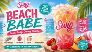 A vibrant poster featuring a tropical drink with a beach background, showcasing summer vibes and refreshing flavors.