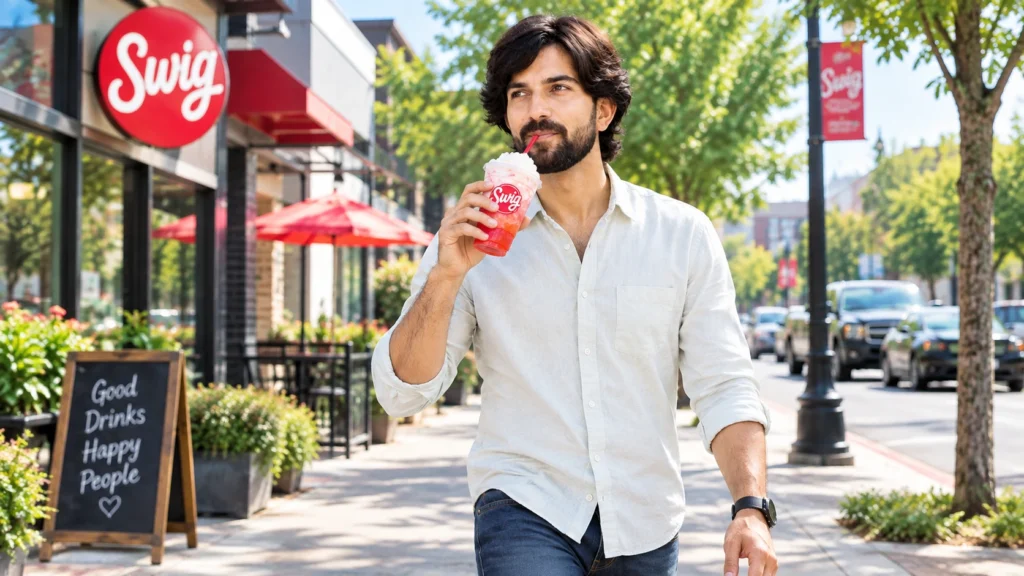 A man with a beard wearing a white shirt walks casually along the street, capturing the essence of a Swig beach babe.