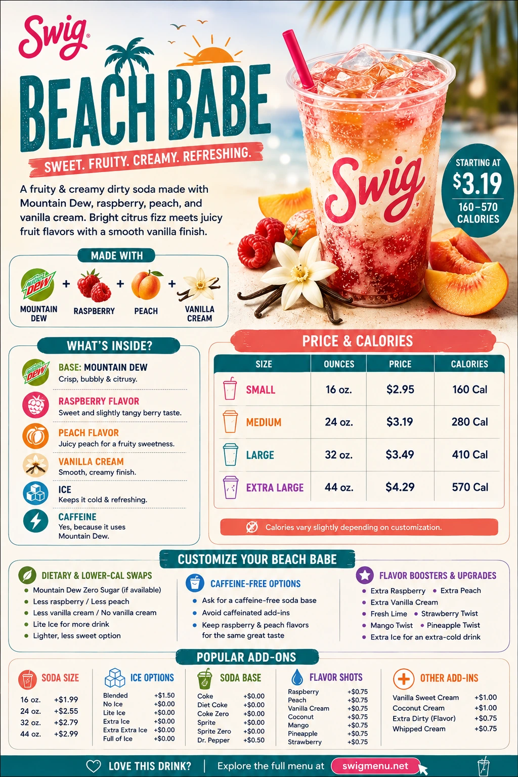 Swig Beach Babe menu featuring a variety of beach-themed food and drink options with vibrant colors and playful design.