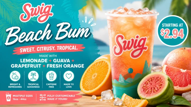 A refreshing Swig Beach Bum drink, blending sweet and citrus flavors, garnished with tropical fruit for a beach-inspired look.