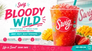 A promotional image of the new drink "Bloody Wild" available at Swig, featuring its vibrant packaging and enticing presentation.