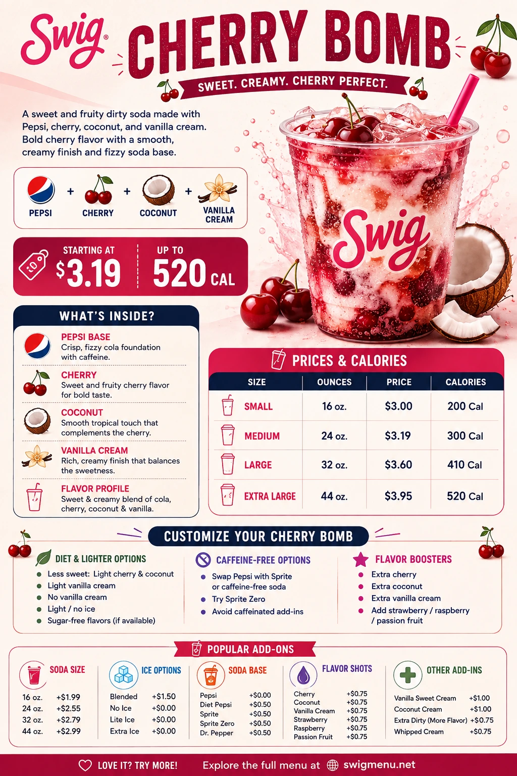 A vibrant Swig Cherry Bomb drink in a clear cup, topped with whipped cream and a cherry, set against a colorful background.