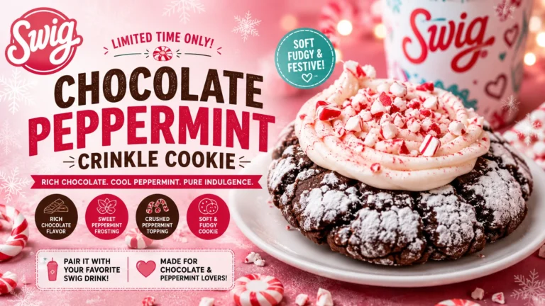 Swig Chocolate Peppermint Crinkle Cookie topped with crushed peppermint candy on a white plate.