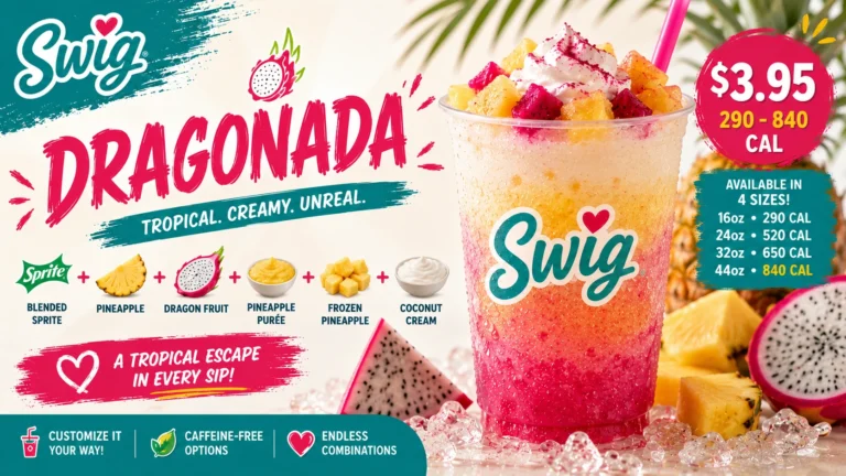 A vibrant Swig Dragonada tropical drink in a clear cup, garnished with a slice of lime and colorful straw.