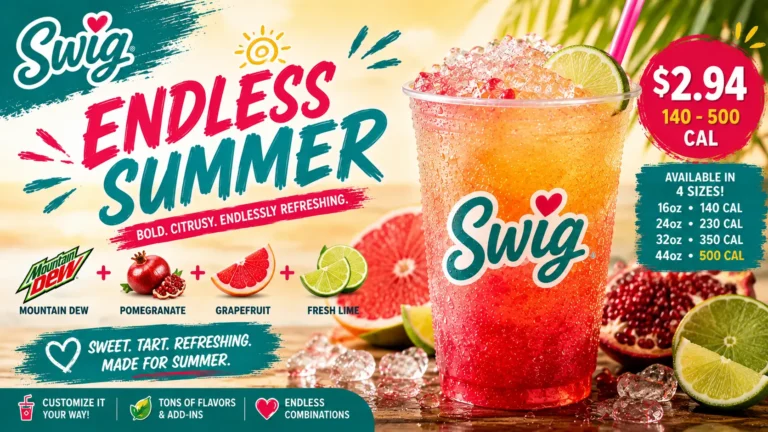 Swig Endless Summer campaign image featuring vibrant summer-themed drinks and colorful beach accessories.