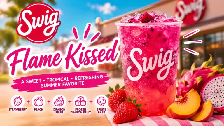 A refreshing pink drink topped with a vibrant tropical fruit slice, presented in a transparent glass.