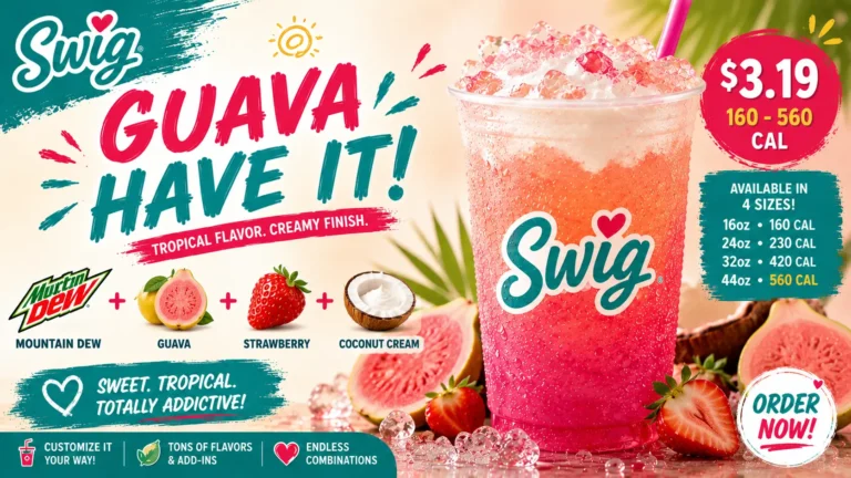 Bright tropical Swig ad shows a pink guava drink with strawberry, coconut cream, $3.19 price, fruit graphics, and “Order Now!” callout.