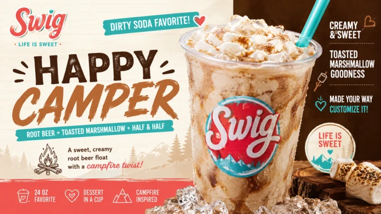A Swig Happy Camper beverage featured with a sign stating "Happy Camper," capturing a fun and adventurous spirit.