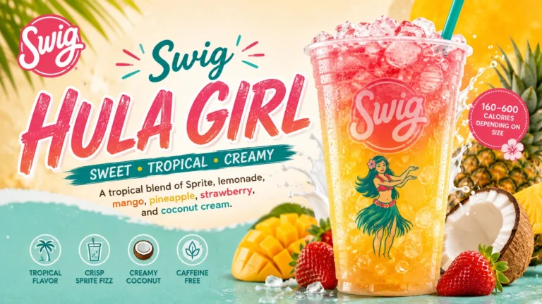 A vibrant tropical beverage featuring a hula girl figure, presented in a swig cup, evoking a festive beach atmosphere.