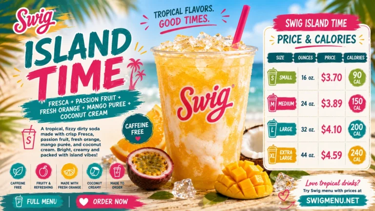 Promotional flyer for Swig Island Time, highlighting a tropical drink with a scenic beach and palm trees in the background.