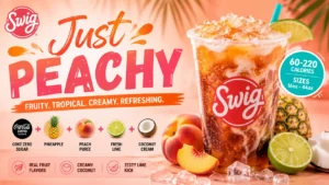 Swig Just Peach Tropical Ice Cream in a cup, showcasing a creamy peach flavor with vibrant tropical fruit pieces.