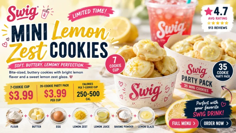 Promotional flyer featuring Swig mini lemon zest cookies with vibrant images and enticing descriptions of the product.