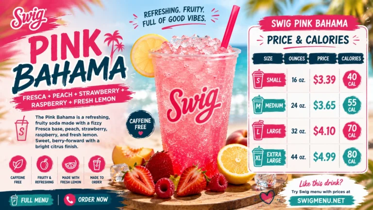 Swig Pink Bahama drink menu design, highlighting a colorful tropical theme with eye-catching graphics and enticing descriptions.