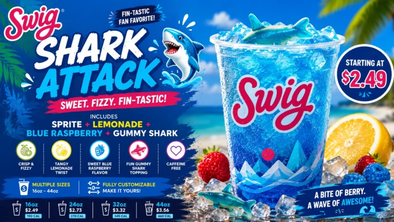 Swig Shark Attack ad showcasing a fierce shark illustration with vibrant colors and enticing promotional text.