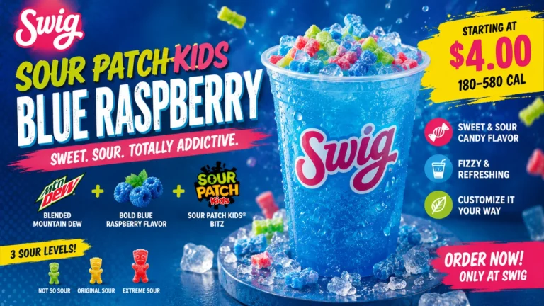 A bowl filled with Swig Sour Patch Kids Blue Raspberry, highlighting the candies' unique blue hue and sour-sweet texture.