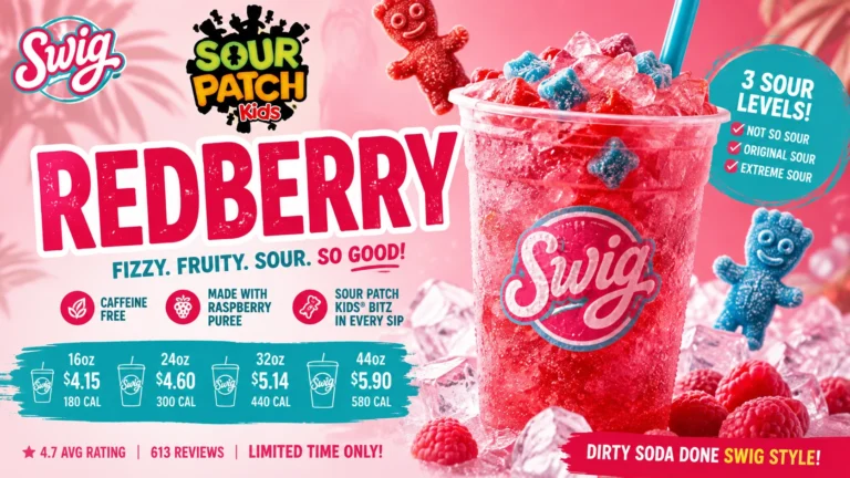 Swig Sour Patch Kids Redberry package displaying bright red candies, emphasizing their sour and sweet flavor profile.