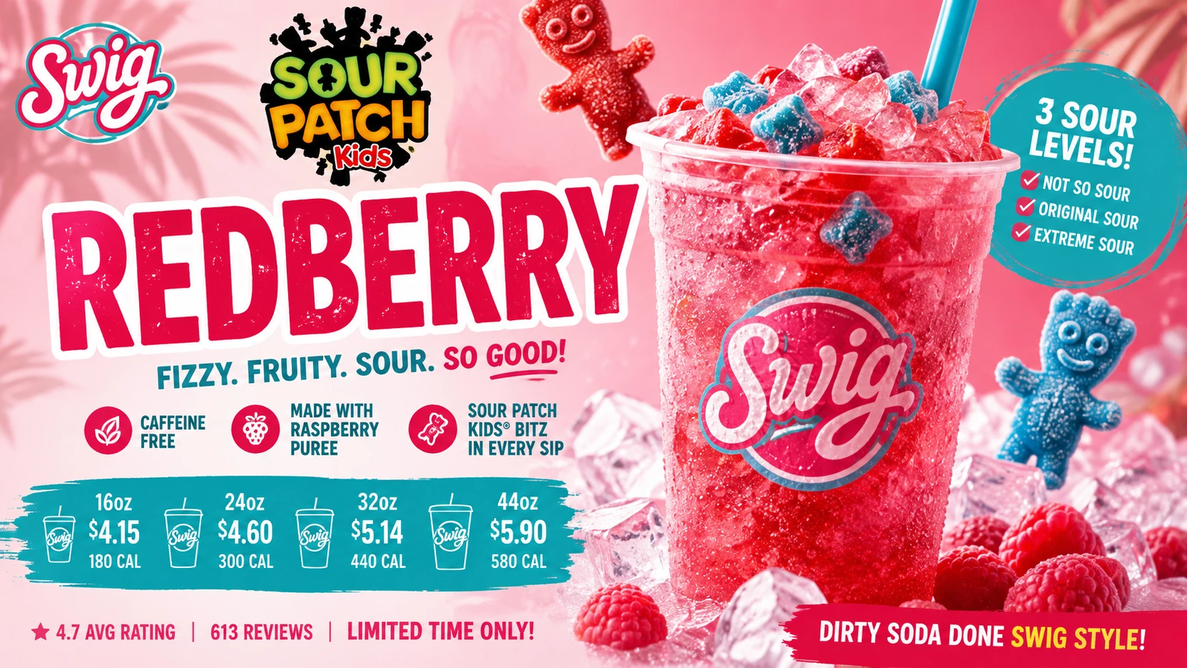 Swig Sour Patch Kids Redberry package displaying bright red candies, emphasizing their sour and sweet flavor profile.