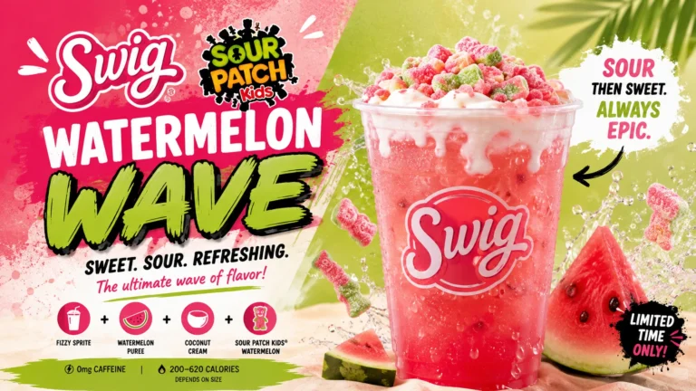 A refreshing Swig Sour Patch Kids Watermelon Wave beverage in a clear cup, showcasing its bright color and ice.