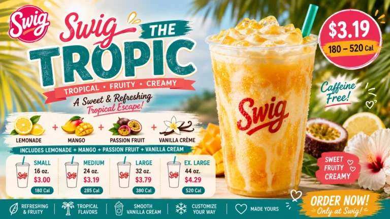"Swig The Tropic" drink menu showcasing a variety of tropical beverages with colorful graphics and enticing descriptions.