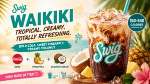 A refreshing tropical coconut drink from Swiggy Waikiki, served in a coconut shell with a straw and garnished with a slice of fruit.