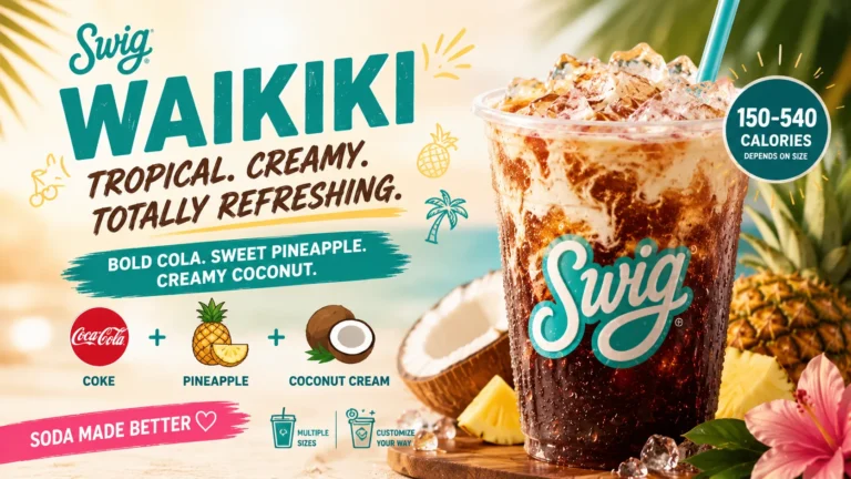A refreshing tropical coconut drink from Swiggy Waikiki, served in a coconut shell with a straw and garnished with a slice of fruit.