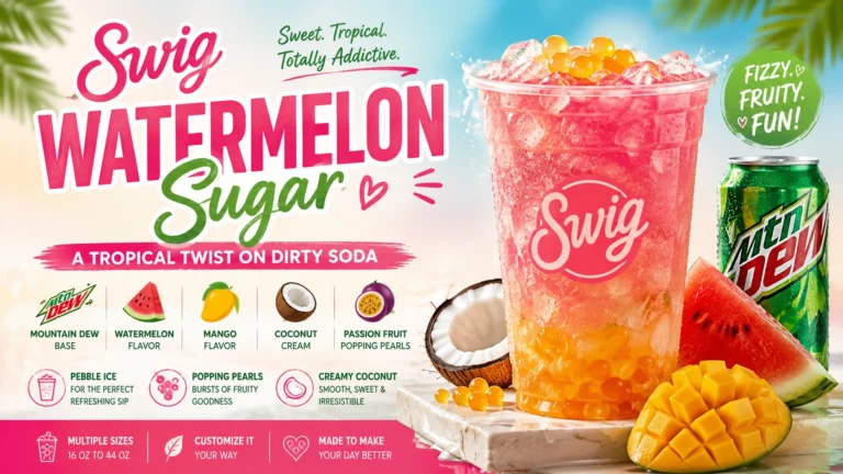 Promotional poster for Swig Watermelon Sugar, showcasing a colorful watermelon theme and enticing drink imagery.