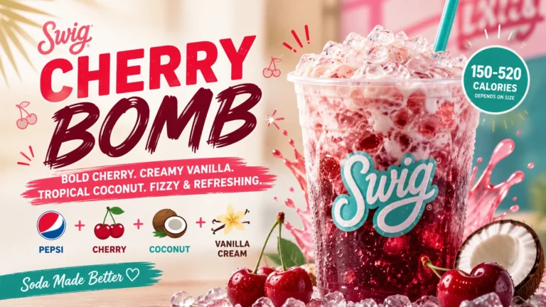 A cherry bomb drink featuring vibrant red cherries and creamy coconut, served in a clear glass with ice.