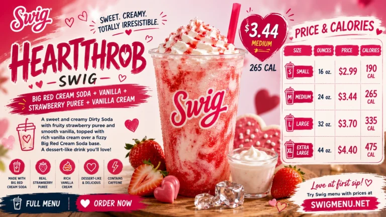 Swig Heartthrob drink flyer displaying strawberries and cream, highlighting a delicious and romantic beverage option for customers.
