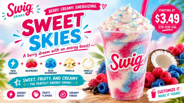 A promotional image for Swig Sweet Skies, a drink featuring a blend of fruit and ice cream for a delightful experience.